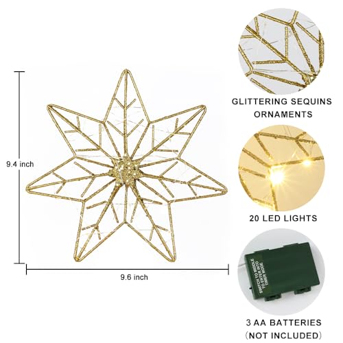 YEAHOME 7-Point Gold Star Christmas Tree Topper with 20 LEDs & Timer