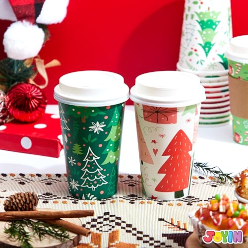 Bright Christmas Disposable Paper Cups 16 oz - 24 Pack with Lids & Sleeves