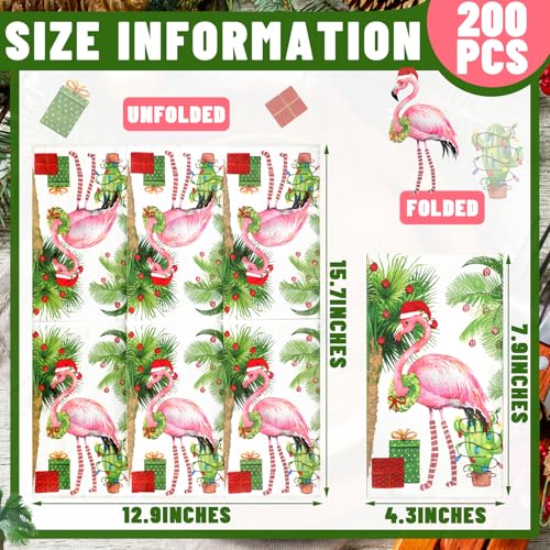 Epakh 200Pcs Christmas Flamingo Napkins Pink Flamingos with Christmas Hat, 4.3x7.9in folded