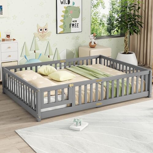 Full Size Montessori Floor Bed with Guardrails and Door, Kids Wood Bed Frame