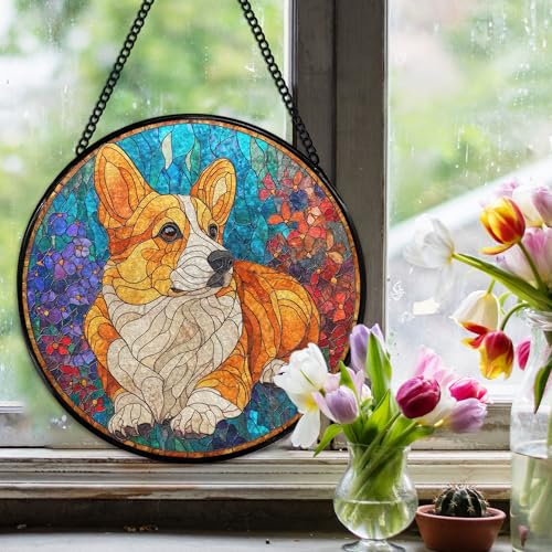 Corgi Flower Stained Glass Suncatcher - 7.9 Inch Window Decor