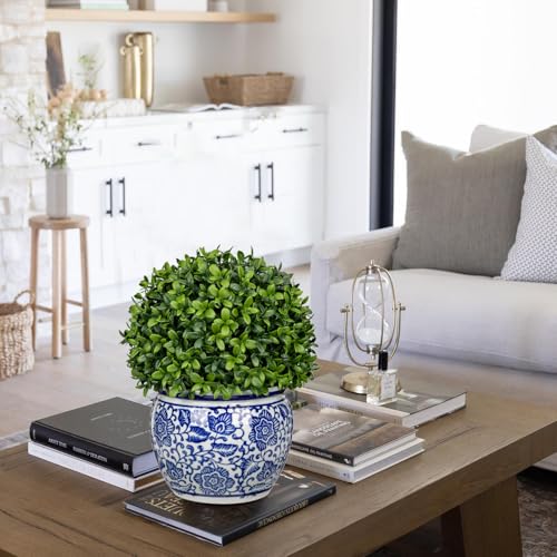 Artificial Boxwood Topiary Ball in Blue and White Ceramic Pot 10-Inch