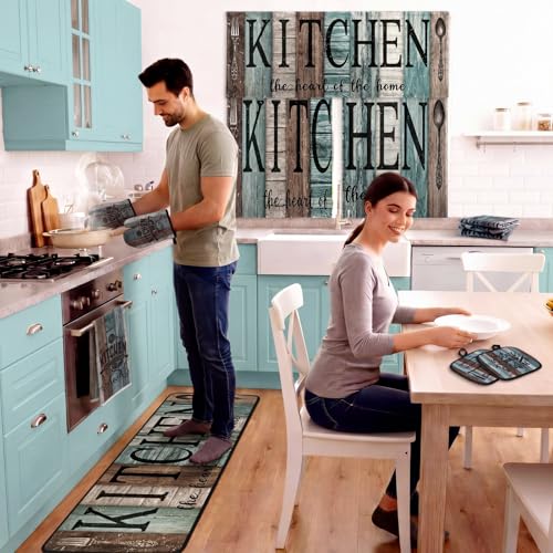 12-Piece Farmhouse Kitchen Decor Set, Teal Kitchen Linens, Rugs, and Curtains