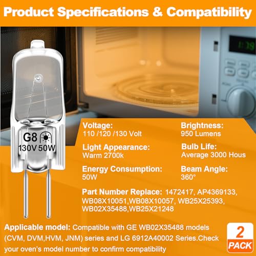 G8 Halogen Microwave Light Bulbs, 130V 50W, 2-Pack for Over-Range Ovens