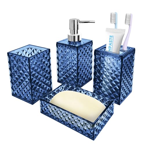 4-Piece Blue Bathroom Accessory Set with Diamond Pattern Design