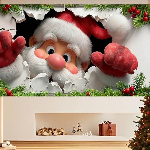 Santa Claus Breaking Through Wall Christmas Garage Door Cover - 16ft x 7ft, 3D Holiday Decoration