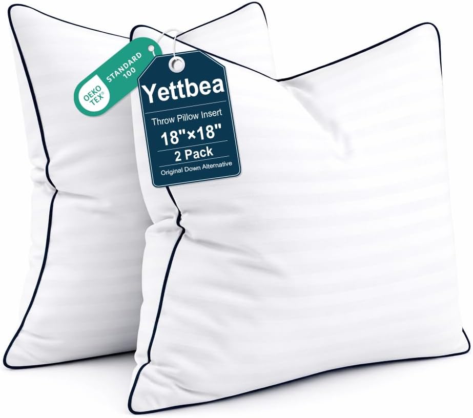 Yettbea Pillow Inserts - Premium Soft Down Alternative Fill | Set of 2, 18x18 Inches, Decorative White Striped Pillows for Couch & Bed