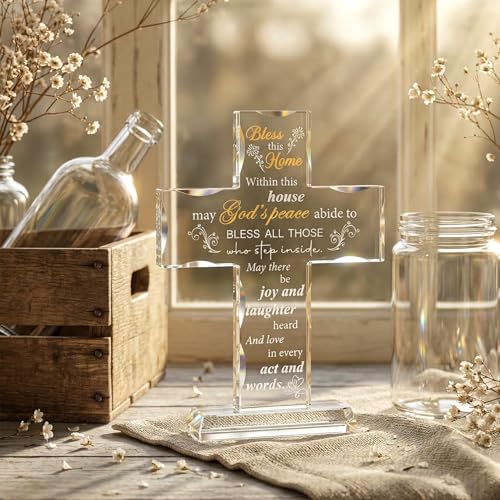 Engraved Glass Cross Housewarming Gift with Blessing Words, Home Decor