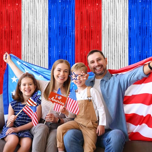 Patriotic Red White and Blue Tinsel Foil Fringe Curtain Backdrop - 2 Pack
