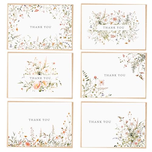 Floral Thank You Cards Bulk 52-Pack with Envelopes and Stickers, 3.5x5