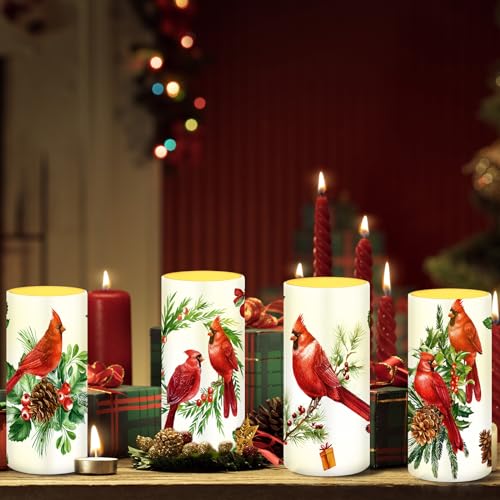 Christmas 4-Piece Flameless Red Bird Candles Set with Cardinal Design - Holiday Decor