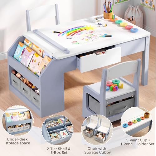 5-in-1 Kids Activity Table and Chair Set with Art Easel and Storage