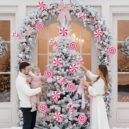 Threehoney Pink Candy Cane Christmas Decorations 16 pcs Holiday Ornaments