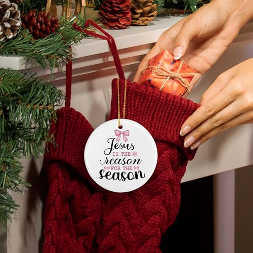 DIENADFX Jesus Ceramic Christmas Ornament Pink Bow Holiday Decor Religious Gift