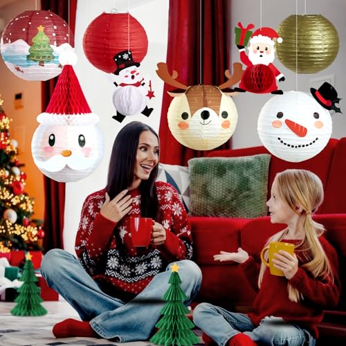 Easy Joy Christmas Paper Lanterns Set - Red, Green & Gold Holiday Decorations with 3D Xmas Hats, Santa, Snowman & Trees - 11 pcs