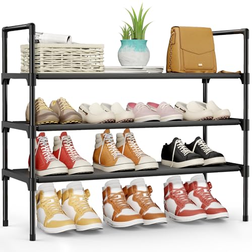 3-Tier Metal Shoe Rack Organizer - 27.6" Space-Saving Entryway Shelf, Black