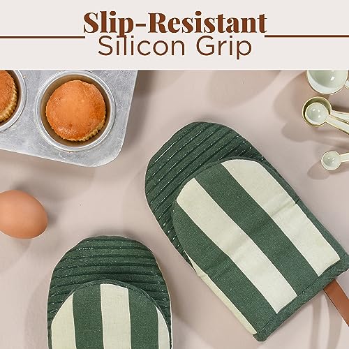 Mini Oven Mitts - Heat Resistant Silicone & Cotton Gloves, Set of 2, Green