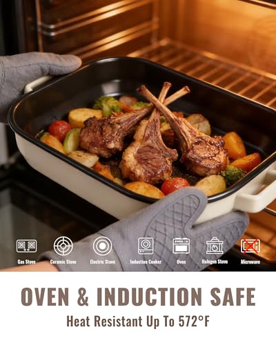 Enamel Turkey Roasting Pan with Rack Set - Oven Safe Casserole Dish, Large & Medium Sizes