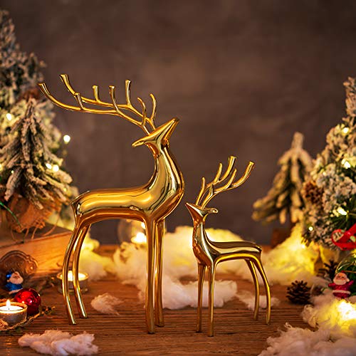 Sziqiqi Reindeer Figurine Statues Deluxe Set of 2 Brass Gold Small & Large