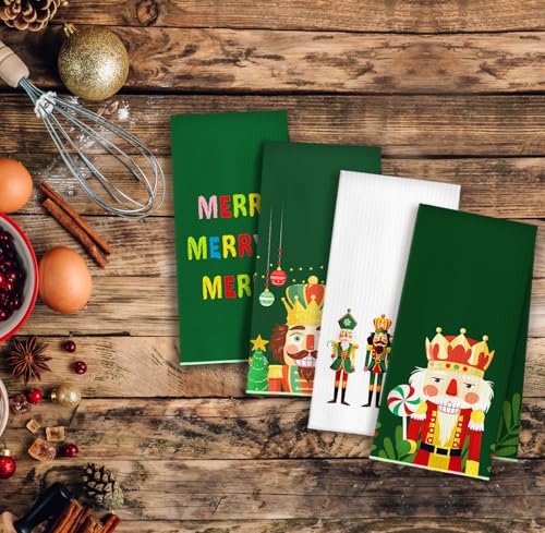 Green Nutcracker Christmas Kitchen Towels Set of 4, 16x24 Inches, Holiday Decor