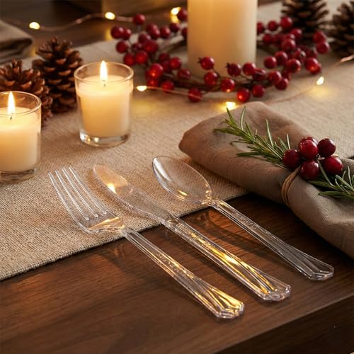 Hanna K. Signature 240 Count Clear Plastic Silverware Set, Heavyweight Elegant Disposable Cutlery Combo, 80 Forks, 80 Spoons, 80 Knives