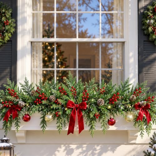 Auihiay 24Pcs Outdoor Faux Christmas Pine Branches with Warm White LED Lights - Green