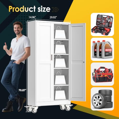 71-Inch Tall Metal Storage Cabinet with Wheels and Adjustable Shelves, White