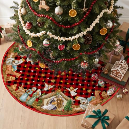 AVOIN colorlife Buffalo Plaid Christmas Tree Skirt 36 Inch Red & Black Winter Holiday Decor