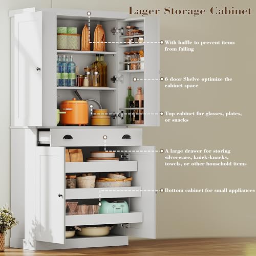 72" Tall Kitchen Pantry Cabinet with Sliding Racks and Drawer, White