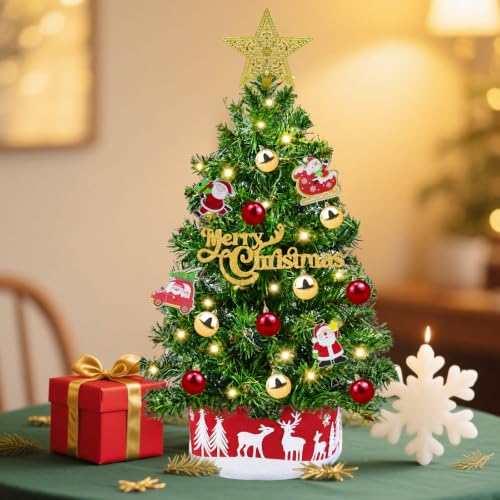 Grandeal 24-Inch Green Mini Christmas Tree with Lights & Ornaments, Timer