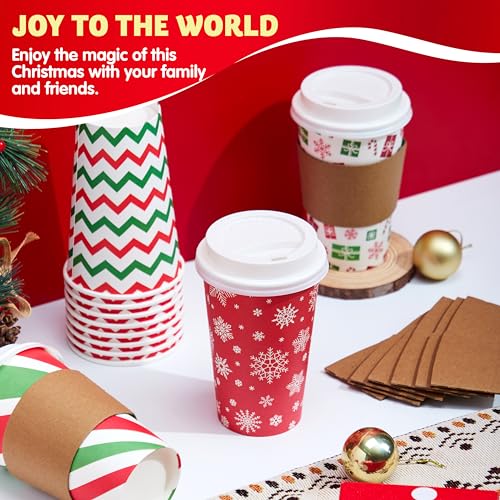 JOYIN Classic 72-Pack Christmas Disposable Paper Cups 16 oz with Lids & Sleeves