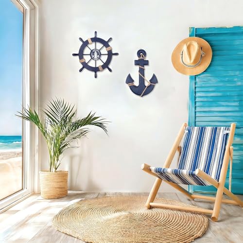 2-Piece Nautical Wooden Ship Wheel and Anchor Wall Art Decor Set