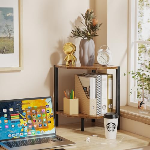 2-Tier Industrial Corner Shelf, Rustic Wood & Metal Standing Organizer