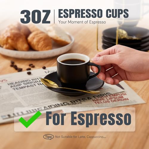 Lareina 3 oz Black Espresso Cups Set of 4 with Saucer, Spoons & Metal Rack