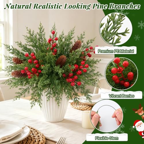 Livole 50 Pcs Christmas Greenery Stems with Red Berries & Pine Cones - Green, DIY Holiday Decor
