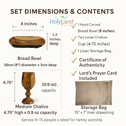 Hand-Carved Olive Wood Communion Set with Oval Bowl and 2 Goblets