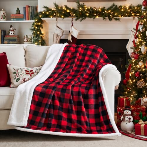 BEDELITE Red & Black Buffalo Plaid Sherpa Throw Blanket 50x60 | Reversible Flannel