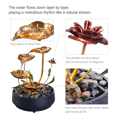 Metal Lotus Tabletop Water Fountain with Warm LED Light - Indoor Zen Decor