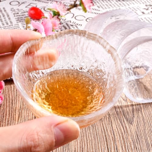 LMRLCS Set of 4 Glass Sake Cups 1.7oz Textured Japanese Style Drinking Glasses