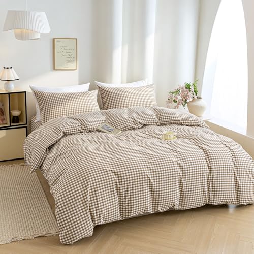 Tan Gingham Duvet Cover Set Queen - 100% Washed Cotton Brown Plaid