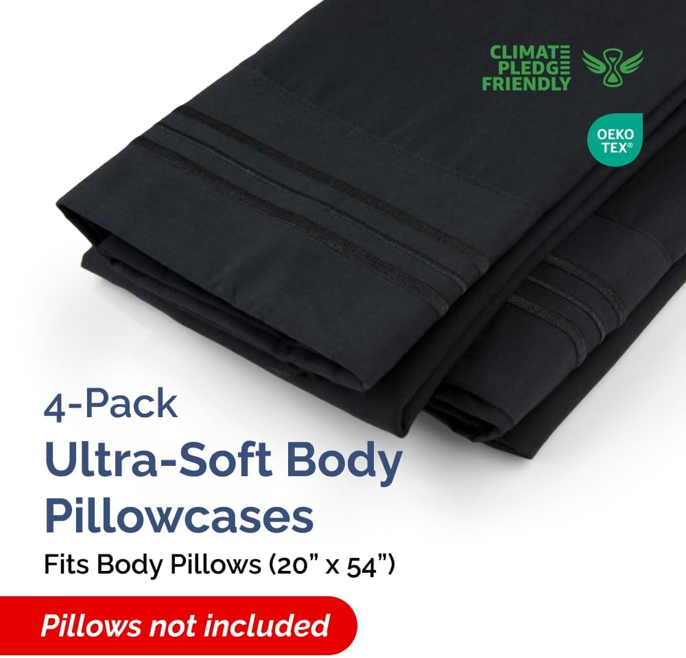 Skiennix Body Pillowcases Set of 4 | 20x54 Long Soft Covers for Sleeping & Side Sleepers - Cozy, Breathable, Machine Washable (Black)