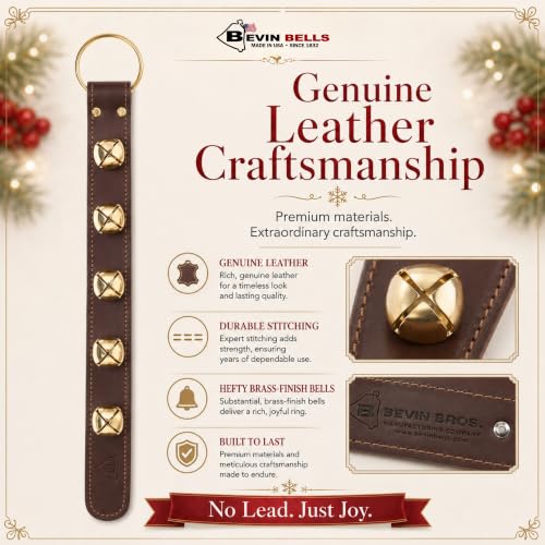 Bevin Bells Brown Nickel Genuine US-Sourced Leather Sleigh Bell Strap, 5 x 1.5in Brass Bells Door Hanger