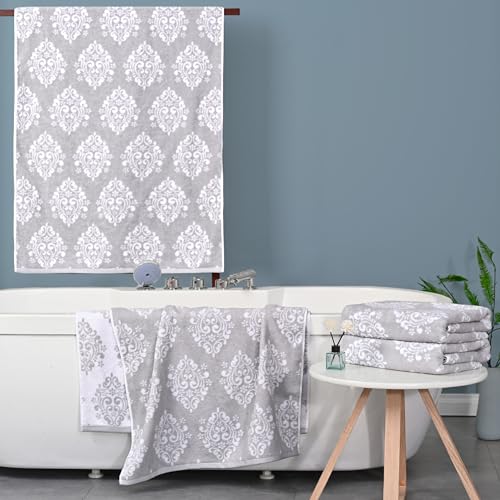 Voova & Movas 4-Pc Damask Cotton Bath Towel Set 28x52 in - Silver/White