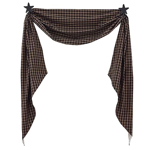 Fishtail Swag Window Scarf 145" x 25" Black and Tan Plaid Cotton Topper