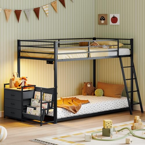 Twin Over Twin Metal Bunk Bed with Storage, LED Lights & Charging Station