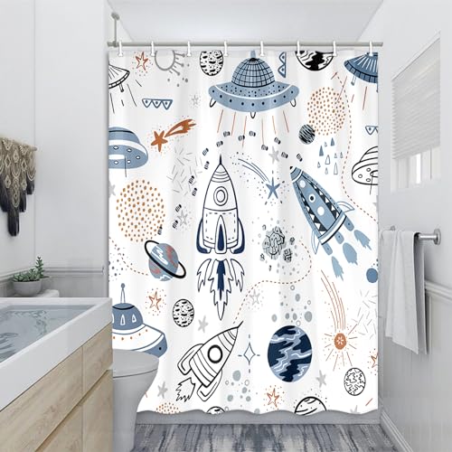 Space Shower Curtain for Kids, Waterproof Galaxy Planet Bathroom Decor