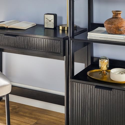 3-Piece Writing Desk Set with 2 Narrow Bookcases and Reeded Drawers, Black