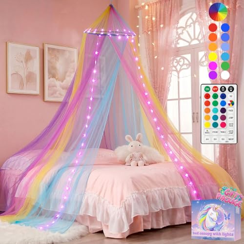 Rainbow Bed Canopy with 24 Color-Changing Star Lights & Remote Control