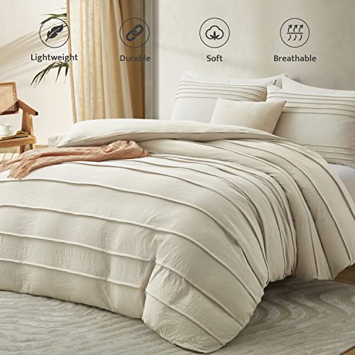 3-Piece Pleated Duvet Cover Set King - Soft Beige Microfiber Bedding