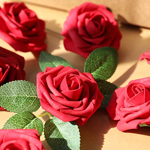 25pcs Dark Red Artificial Roses with Bendable Stems for Decor